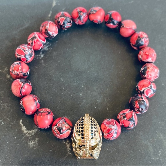 HAND CRAFTED Gladiator & Imperial Jasper Stretch Bracelet 6.5” Red Gold NWT - Picture 9 of 15